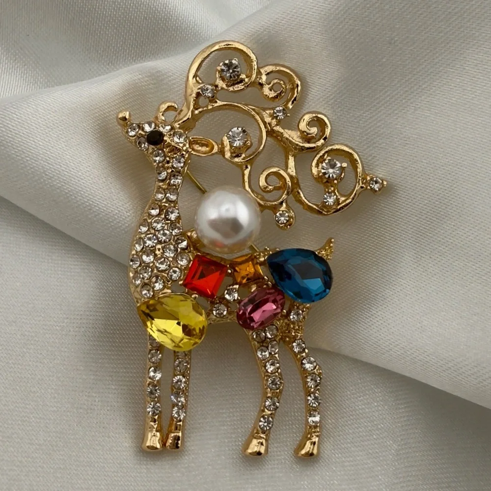 Betsey Johnson Elegant Gold Reindeer Brooch with Multicolor Gems